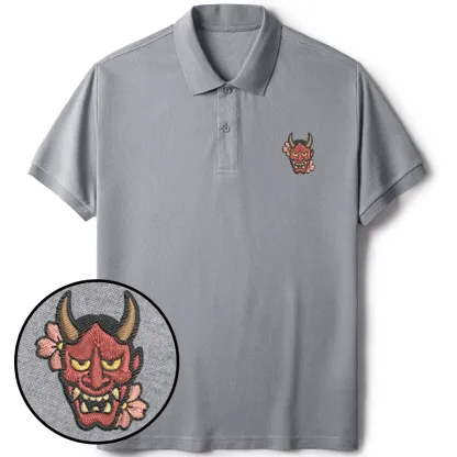 Tokyo-Tiger Oni Mask With Sakura Embroidered Polo T-Shirt