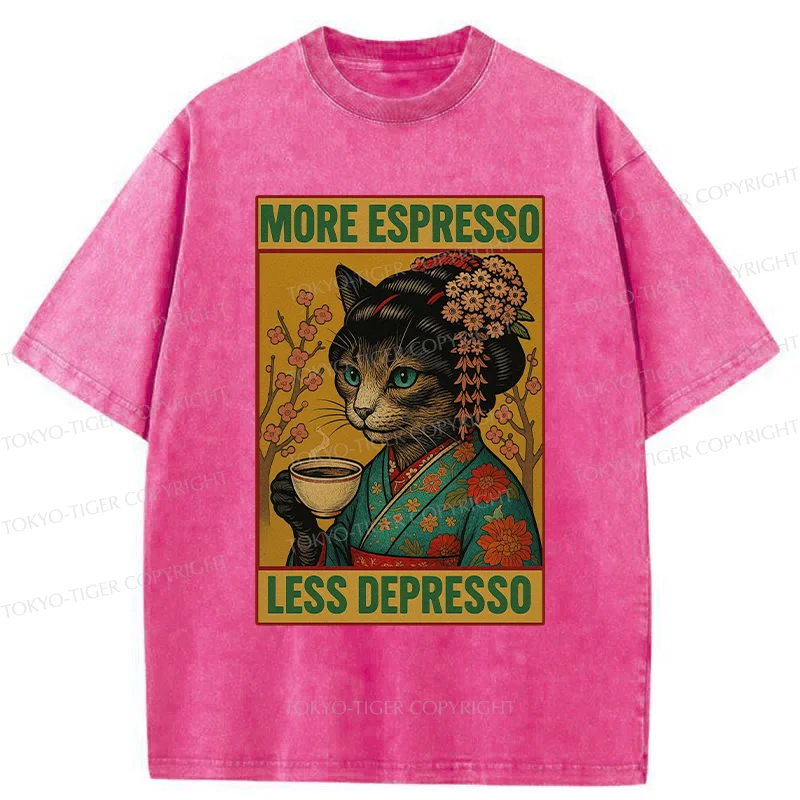Tokyo-Tiger Geisha Cat Drinking Coffee Washed T-Shirt