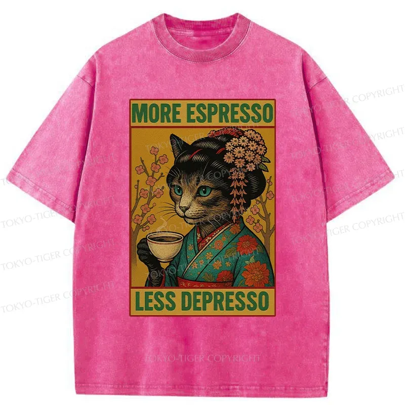 Tokyo-Tiger Geisha Cat Drinking Coffee Washed T-Shirt