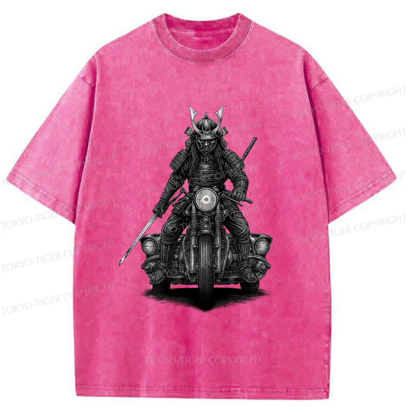 Tokyo-Tiger Samurai Riding A Motorcycle Washed T-Shirt