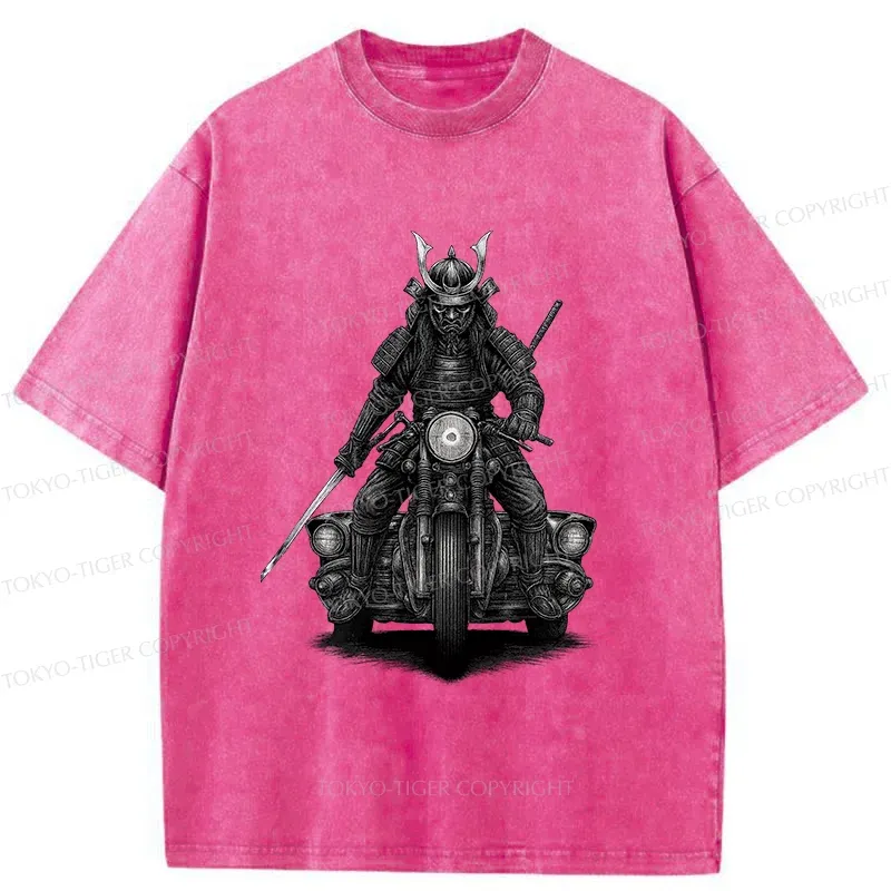 Tokyo-Tiger Samurai Riding A Motorcycle Washed T-Shirt