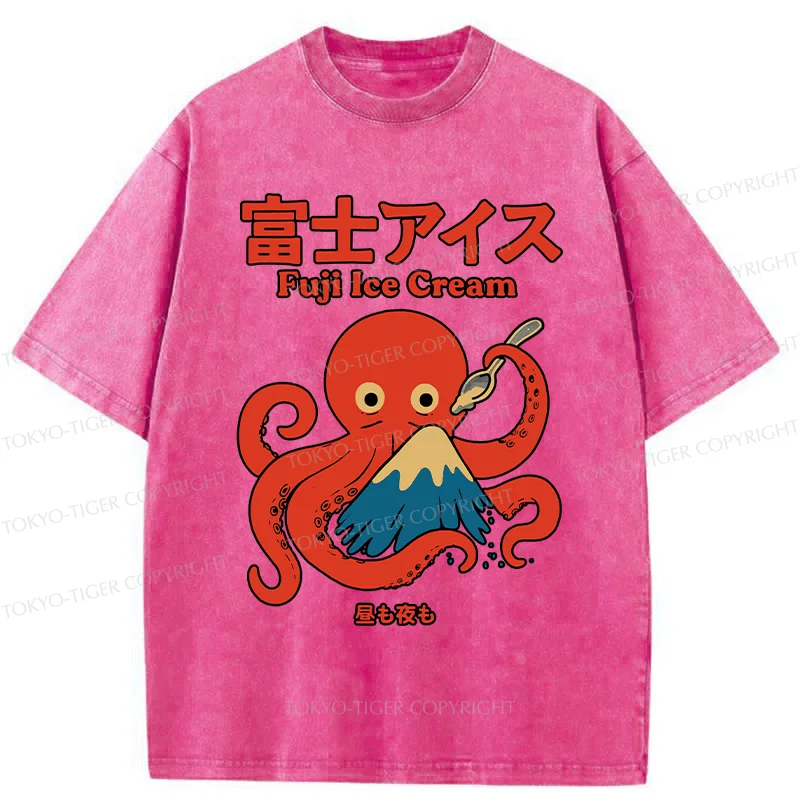 Tokyo-Tiger Octopus Eating Mount Fuji Washed T-Shirt