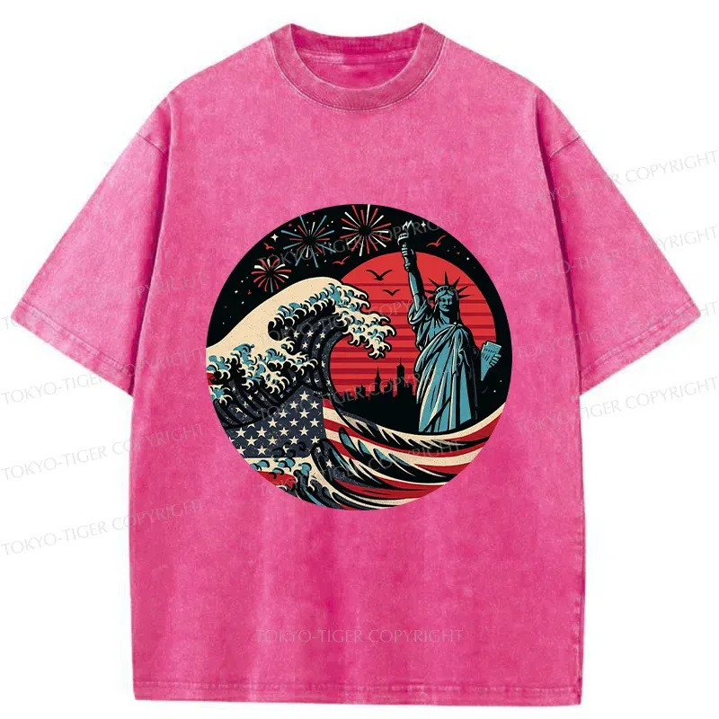 Tokyo-Tiger Independence Day And Waves Washed T-Shirt