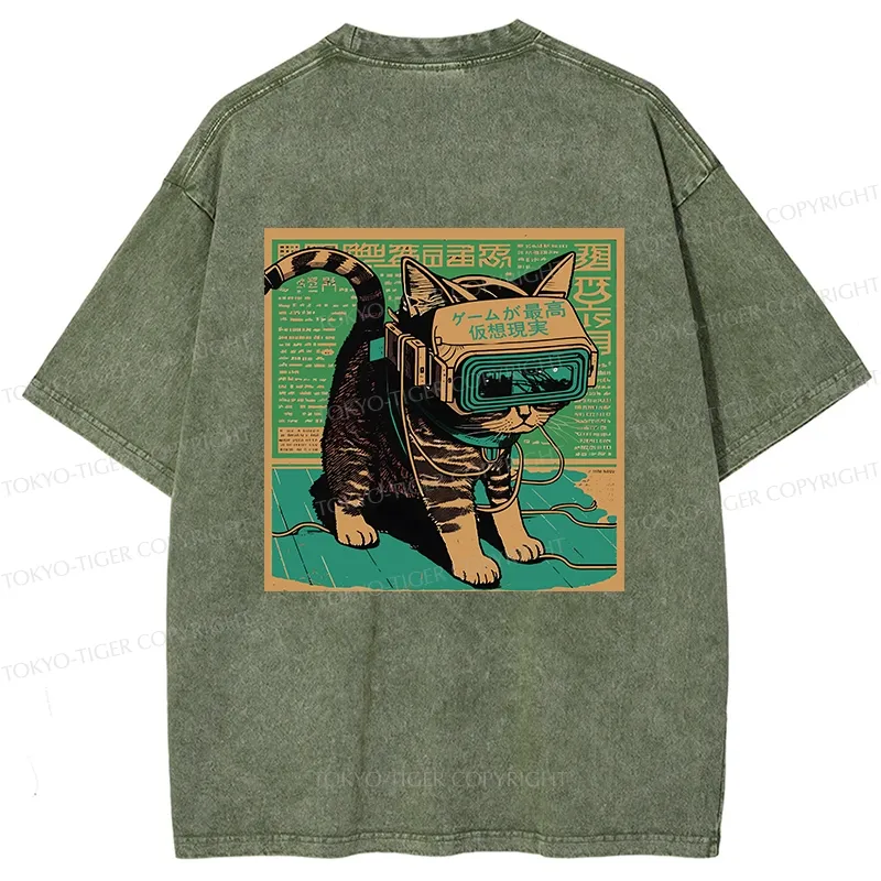 Tokyo-Tiger Cyberpunk Sci-Fi Cat Back Washed T-Shirt