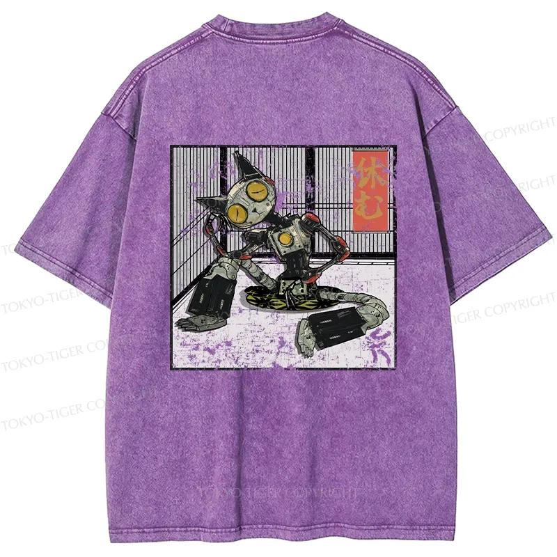 Tokyo-Tiger Robot Cat Taking A Rest Back Washed T-Shirt