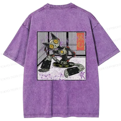 Tokyo-Tiger Robot Cat Taking A Rest Back Washed T-Shirt