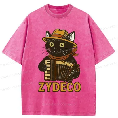 Tokyo-Tiger Cat Playing Accordion Washed T-Shirt
