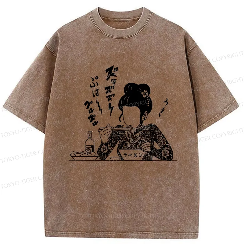 Tokyo-Tiger Japanese Beauty Eating Ramen Washed T-Shirt