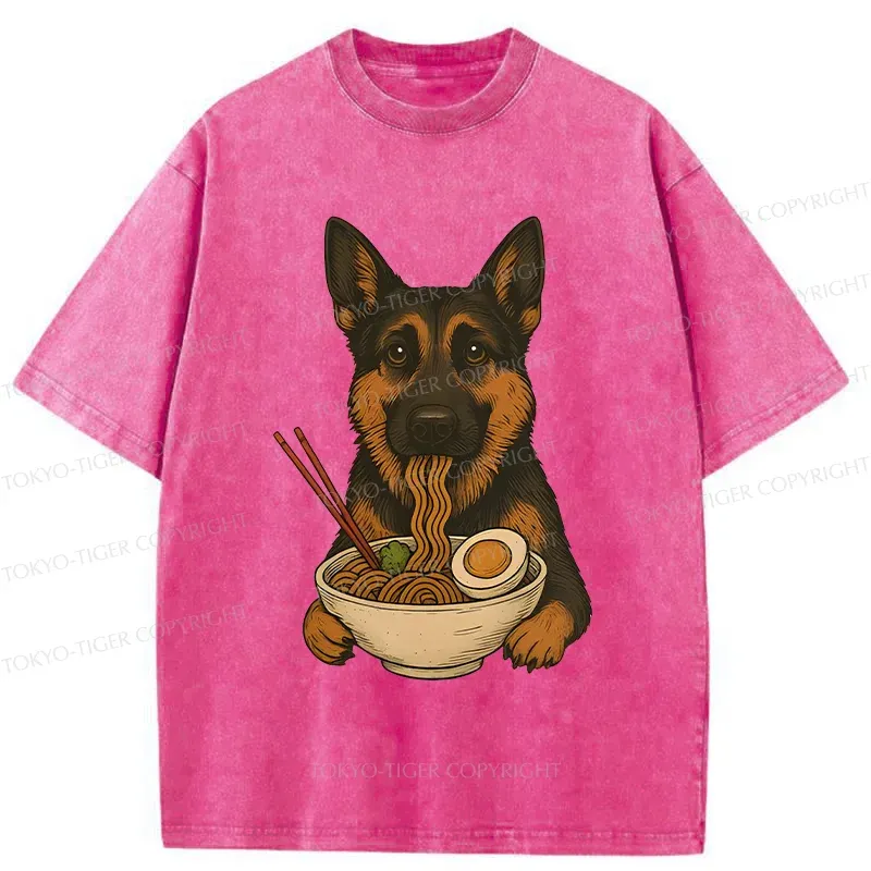 Tokyo-Tiger German Shepherd Eating Ramen Washed T-Shirt