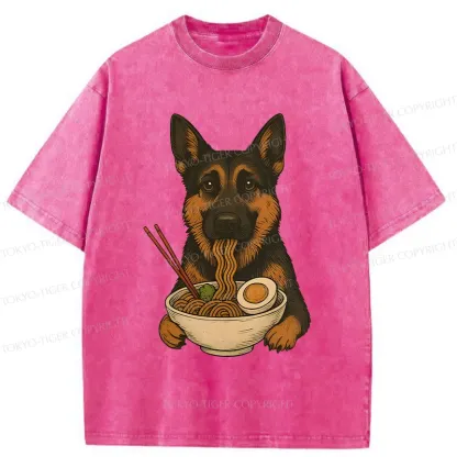 Tokyo-Tiger German Shepherd Eating Ramen Washed T-Shirt