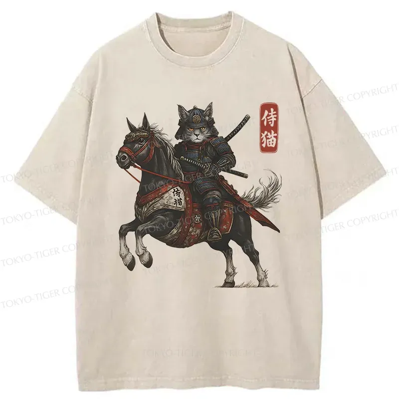 Tokyo-Tiger Cat Samurai Riding A Horse Washed T-Shirt