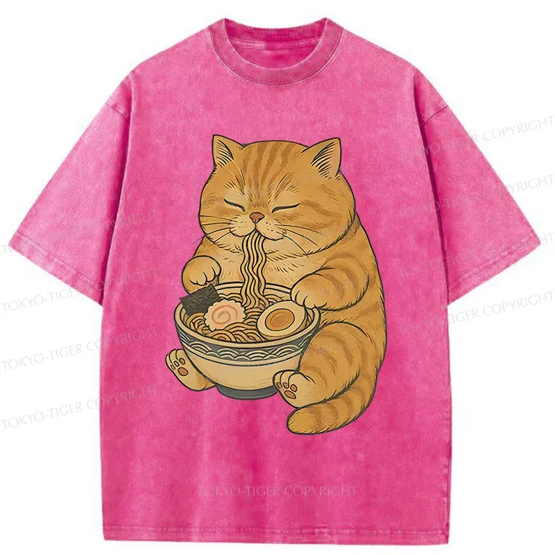 Tokyo-Tiger Orange Cat Eating Ramen Washed T-Shirt