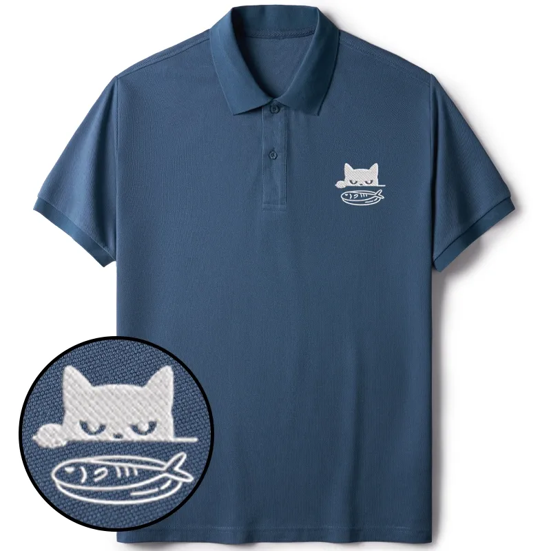 Tokyo-Tiger Cat Staring At Fish Embroidered Polo T-Shirt