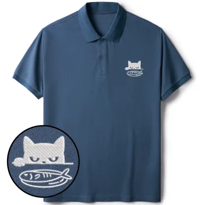Tokyo-Tiger Cat Staring At Fish Embroidered Polo T-Shirt