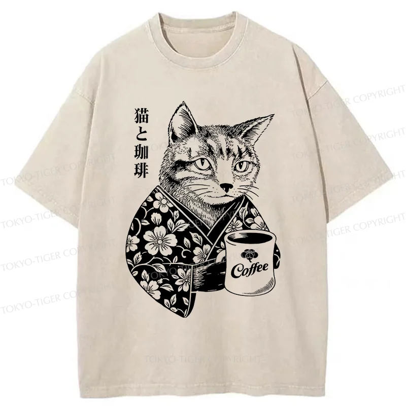 Tokyo-Tiger Cat And Coffee Washed T-Shirt