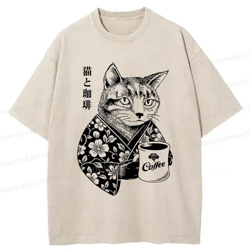 Tokyo-Tiger Cat And Coffee Washed T-Shirt