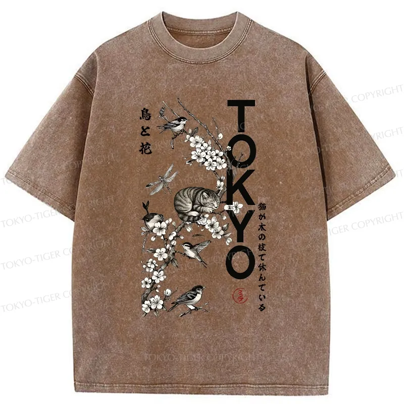 Tokyo-Tiger Cat Resting On A Branch Washed T-Shirt