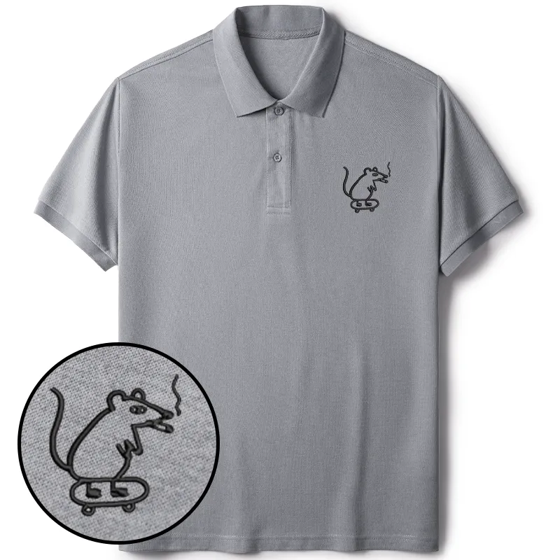 Tokyo-Tiger Funny Mouse On Skateboard Embroidered Polo T-Shirt