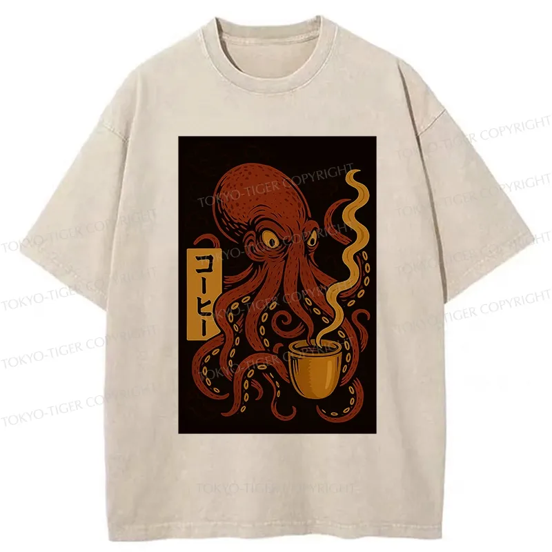 Tokyo-Tiger Octopus Drinking Coffee Washed T-Shirt