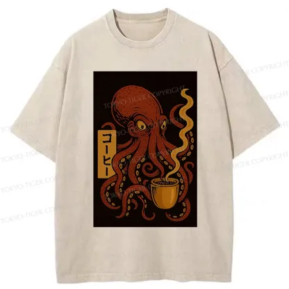 Tokyo-Tiger Octopus Drinking Coffee Washed T-Shirt