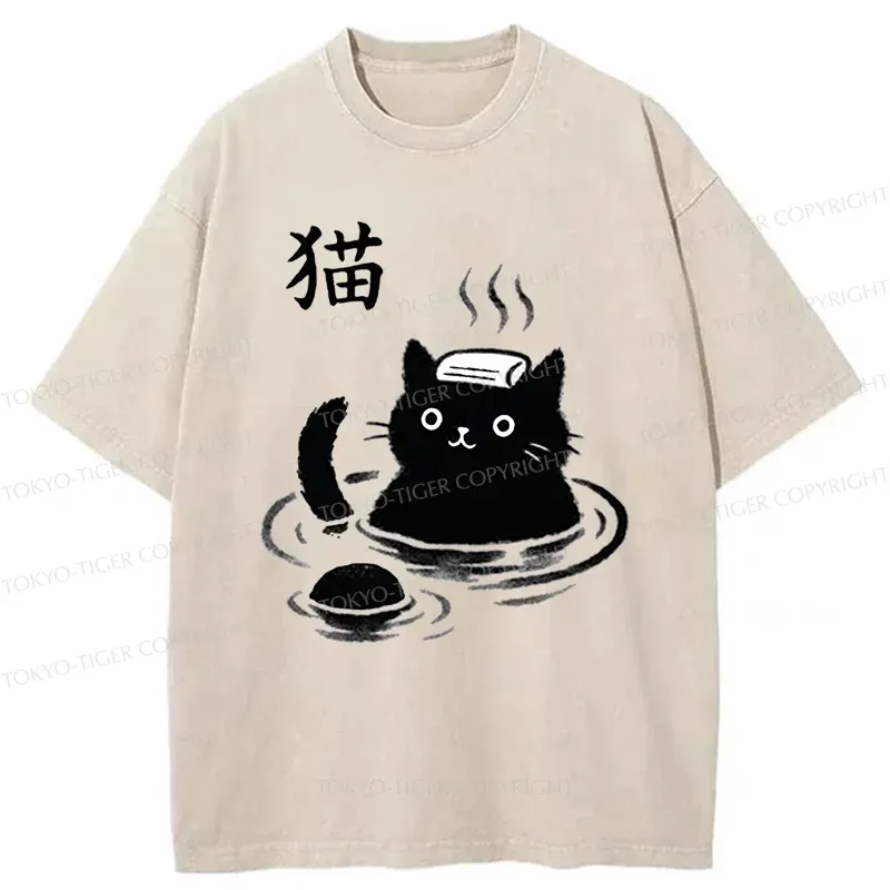Tokyo-Tiger Cat Bathing In Hot Spring Washed T-Shirt
