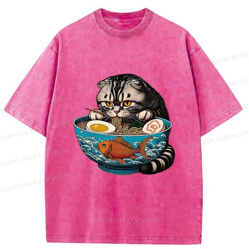 Tokyo-Tiger American Shorthair Cat Eating Ramen Washed T-Shirt