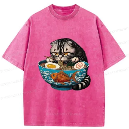 Tokyo-Tiger American Shorthair Cat Eating Ramen Washed T-Shirt