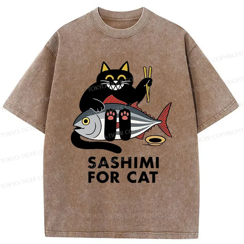 Tokyo-Tiger Black Cat Eating Sashimi Washed T-Shirt