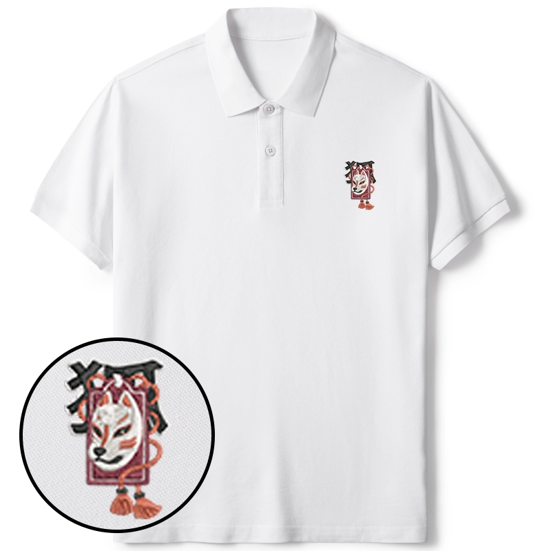 Tokyo-Tiger Japanese Fox Mask Embroidered Polo T-Shirt