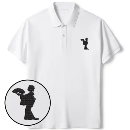 Tokyo-Tiger Geisha Holding A Fan Embroidered Polo T-Shirt