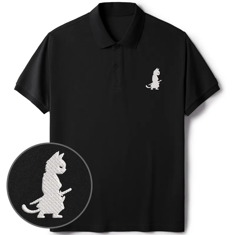 Tokyo-Tiger Japanese Samurai Cat Embroidered Polo T-Shirt