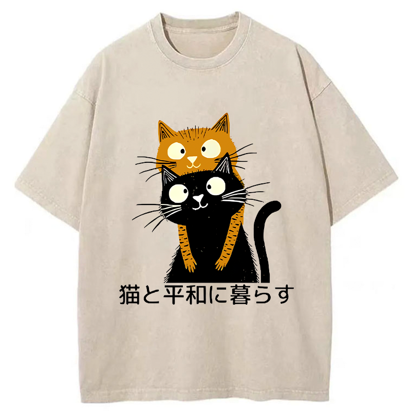Tokyo-Tiger Live Peacefully With Cats Washed T-Shirt