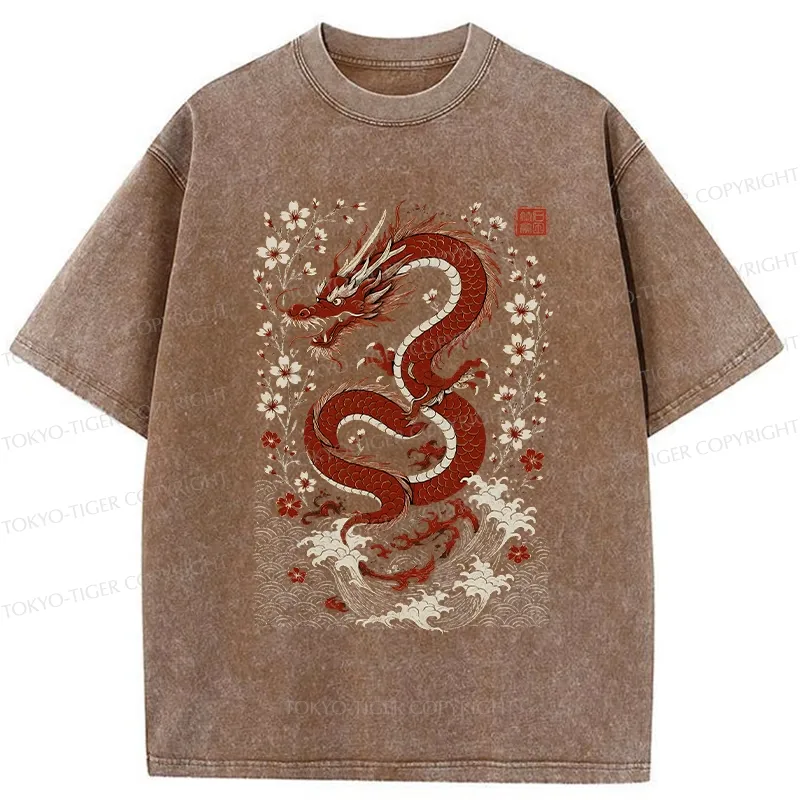 Tokyo-Tiger Retro Dragon And Sakura Washed T-Shirt