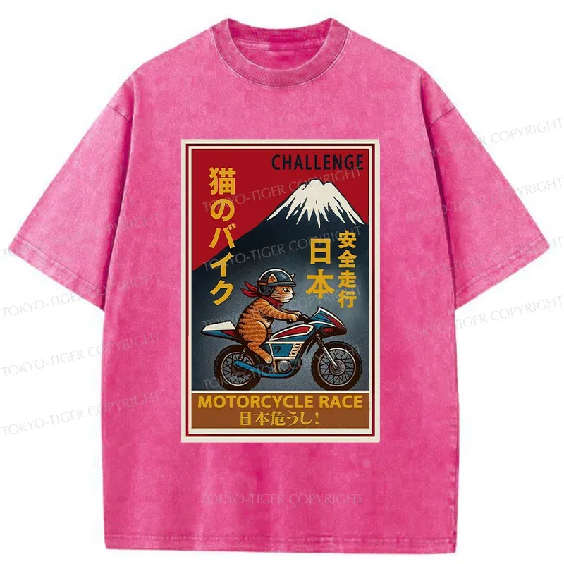 Tokyo-Tiger Cat Riding A Motorcycle Washed T-Shirt