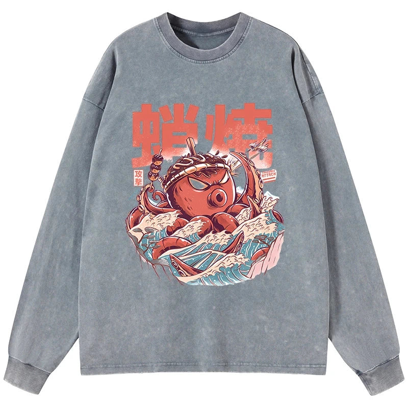 Tokyo-Tiger The Great Wave Takoyaki Japanese Washed Long Sleeve T-Shirt