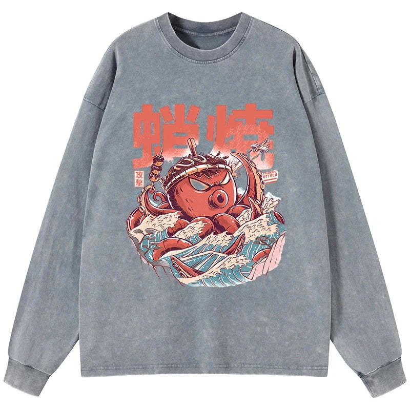 Tokyo-Tiger The Great Wave Takoyaki Japanese Washed Long Sleeve T-Shirt
