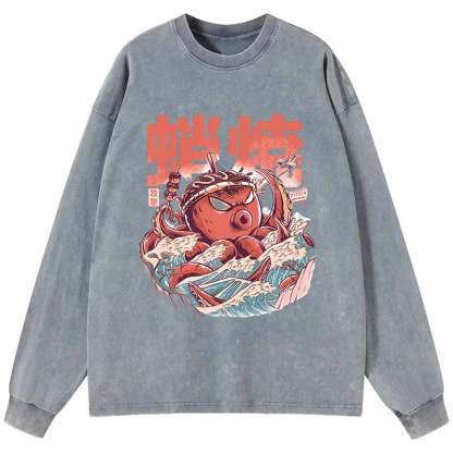 Tokyo-Tiger The Great Wave Takoyaki Japanese Washed Long Sleeve T-Shirt