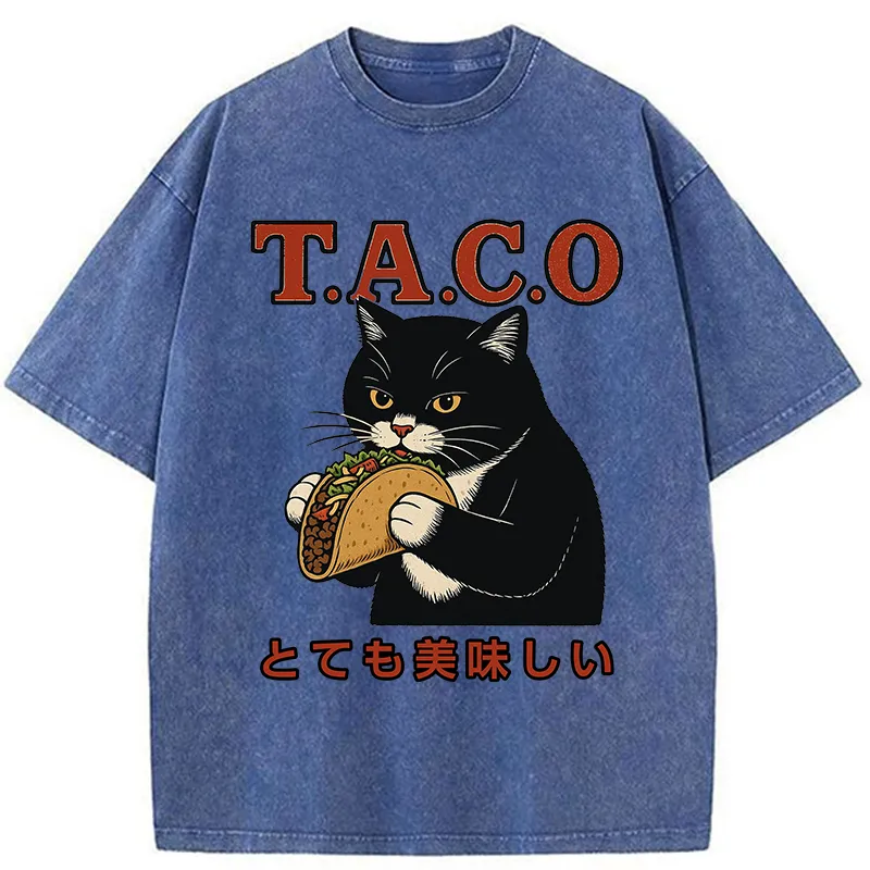 Tokyo-Tiger Cat Eating Taco Washed T-Shirt