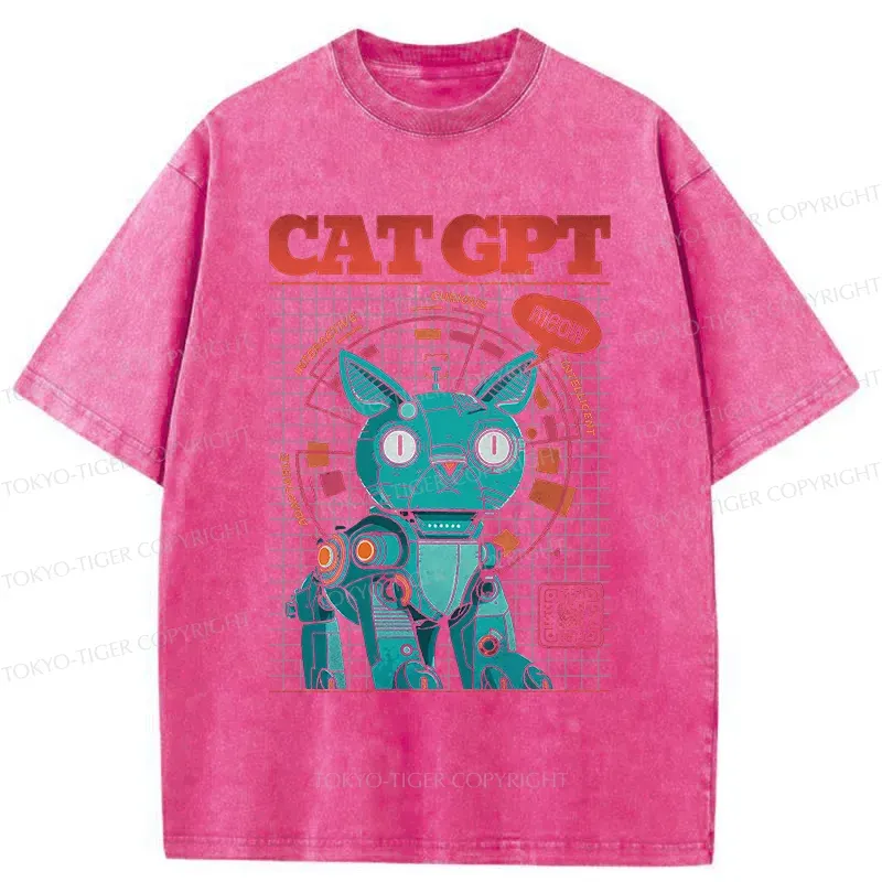 Tokyo-Tiger Machine Cat Retro Washed T-Shirt