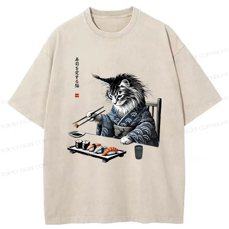 Tokyo-Tiger Cat Eating Sushi Japan Washed T-Shirt