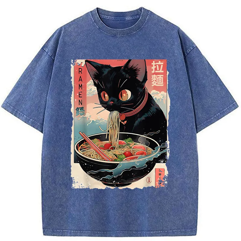 Tokyo-Tiger Black Cat Eating Ramen Japanese Washed T-Shirt