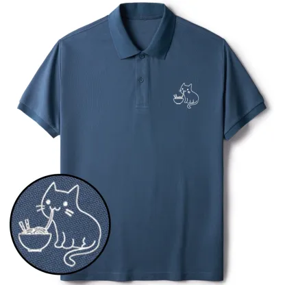 Tokyo-Tiger Ramen Lover Kawaii Cat Embroidered Polo T-Shirt