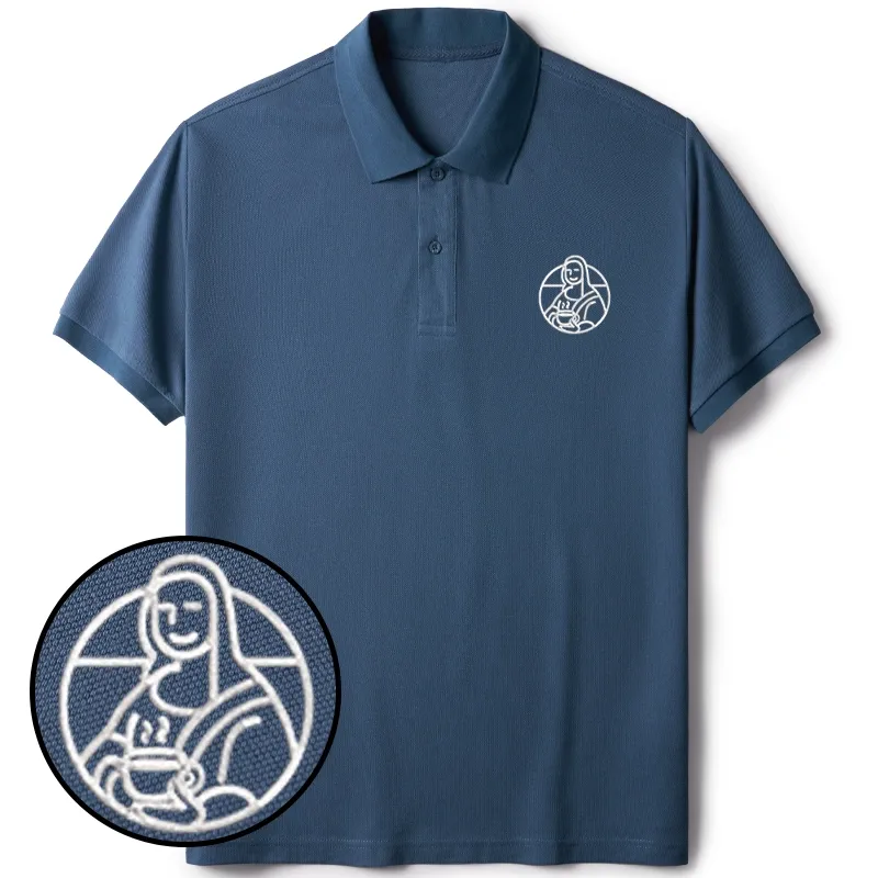 Tokyo-Tiger Mona Lisa Drinking Coffee Embroidered Polo T-Shirt