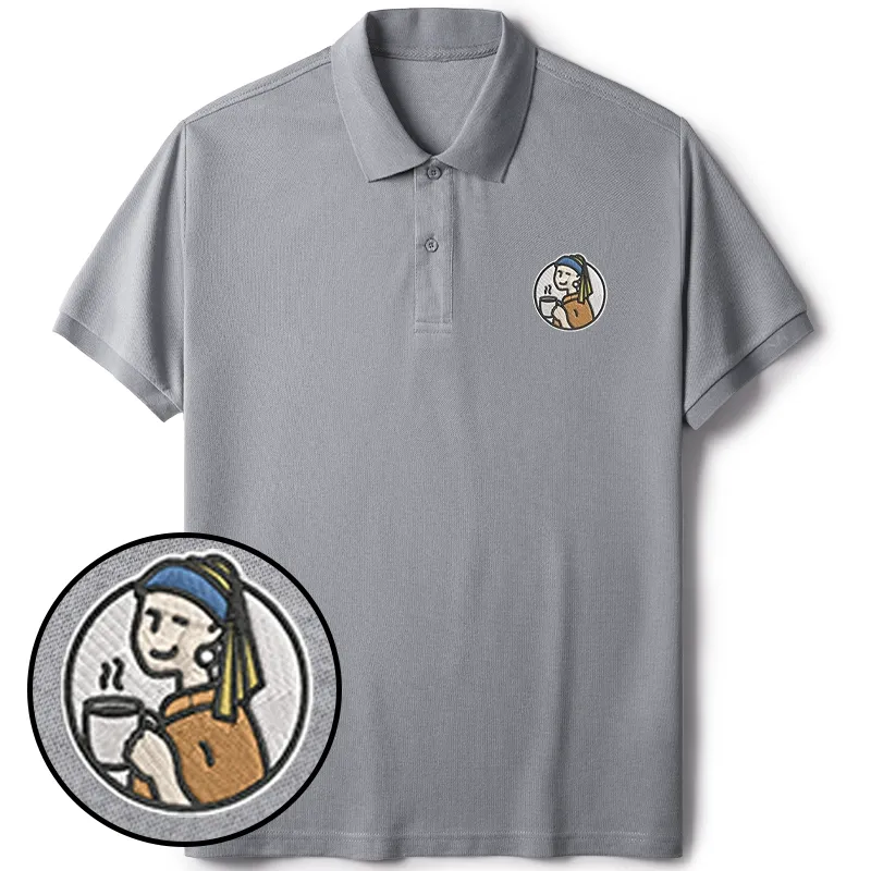 Tokyo-Tiger Girl With Pearl Earrings Drinks Coffee Embroidered Polo T-Shirt