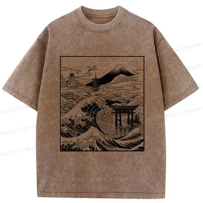 Tokyo-Tiger Retro Japanese landscape Washed T-Shirt