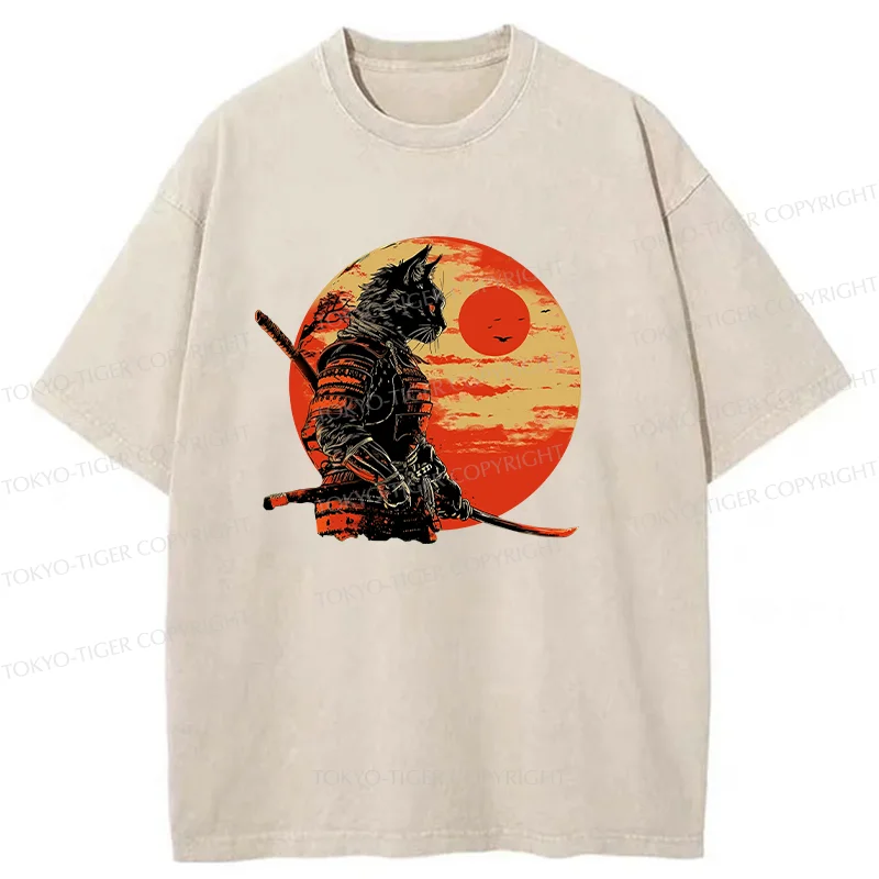 Tokyo-Tiger Cat Samurai And Sunset Washed T-Shirt