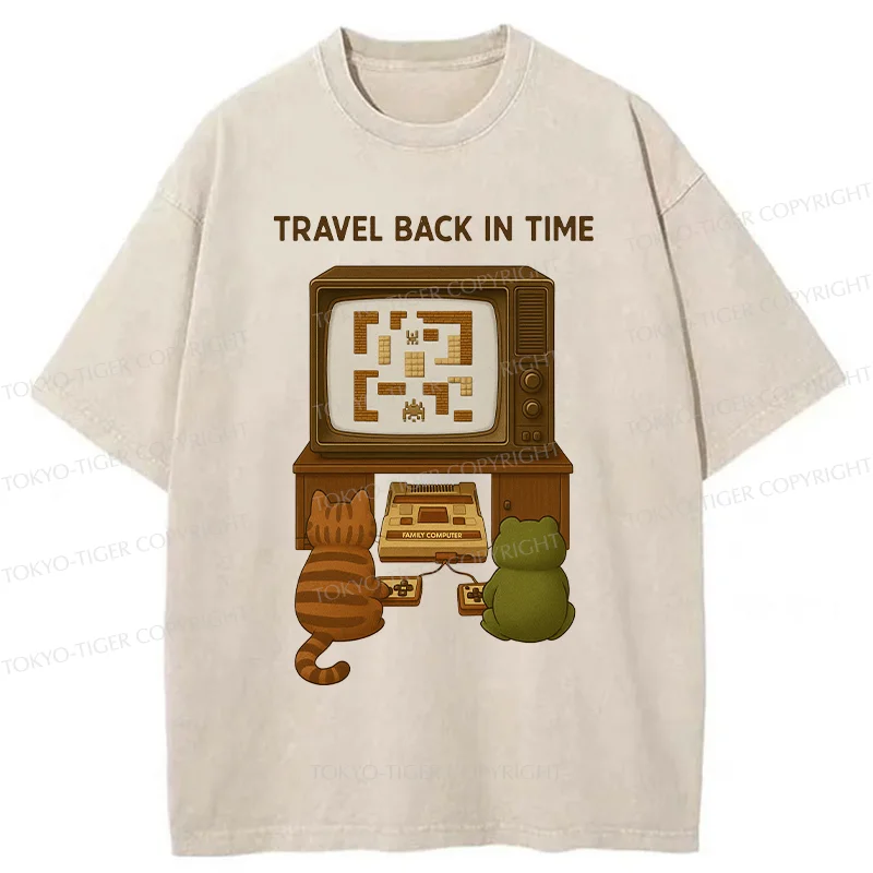 Tokyo-Tiger Cat And Frog Playing Games Washed T-Shirt