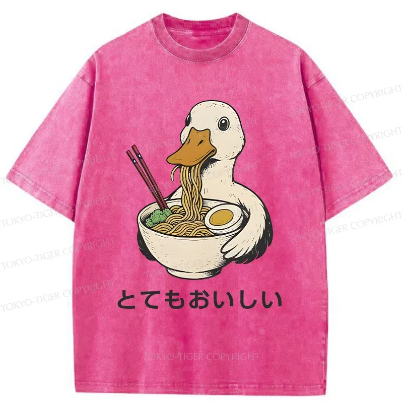 Tokyo-Tiger Goose Eating Delicious Ramen Washed T-Shirt