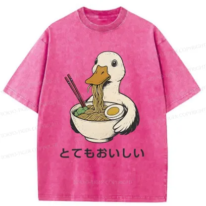 Tokyo-Tiger Goose Eating Delicious Ramen Washed T-Shirt