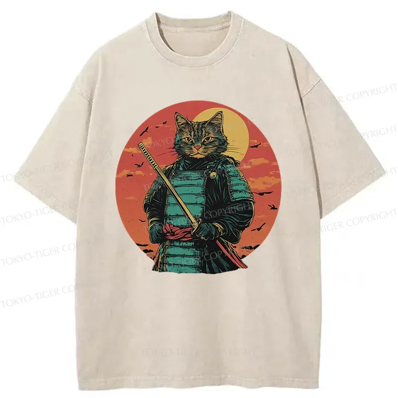 Tokyo-Tiger Handsome Cat Samurai Washed T-Shirt